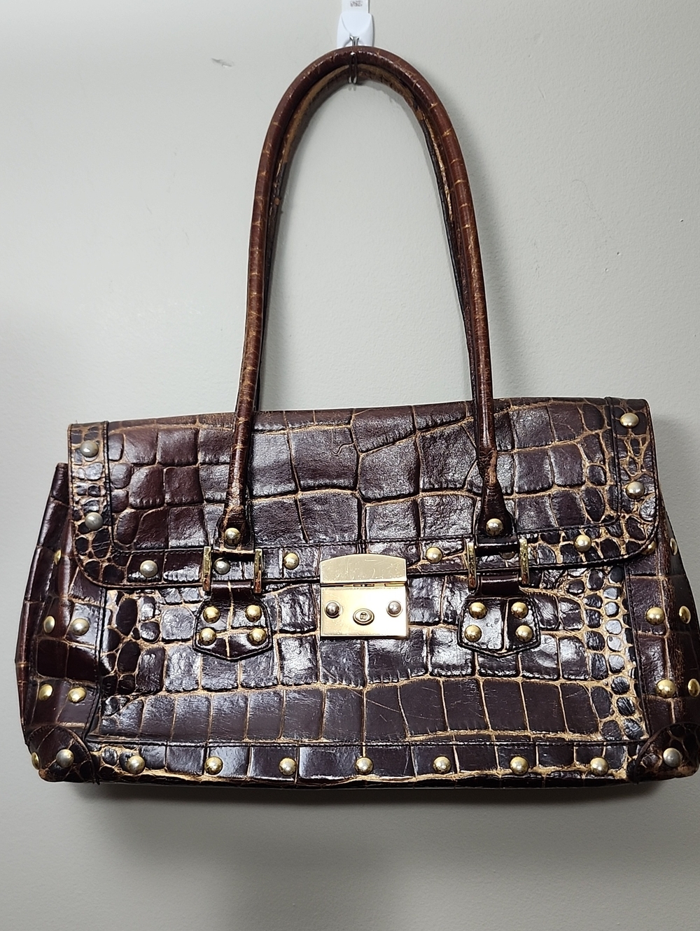 Vintage Nordstrom Italian Leather Croc Embossed Studded Satchel Bag Y2K